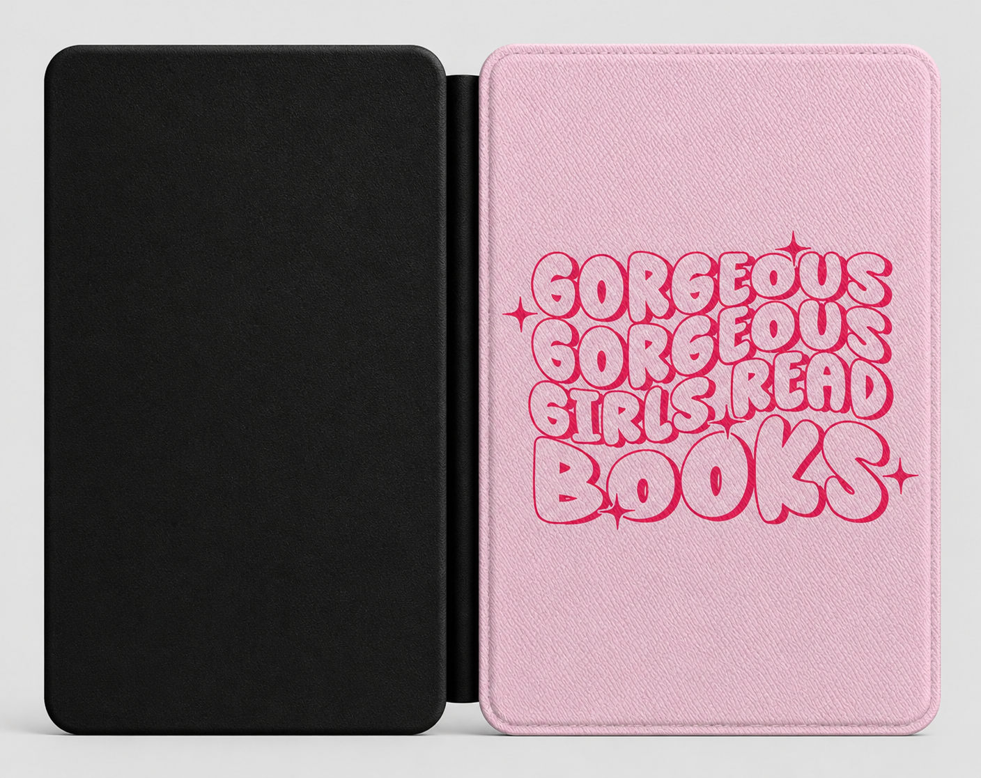 Gorgeous Girls Read Books Kindle case open showing e-ink Kindle on right interior panel