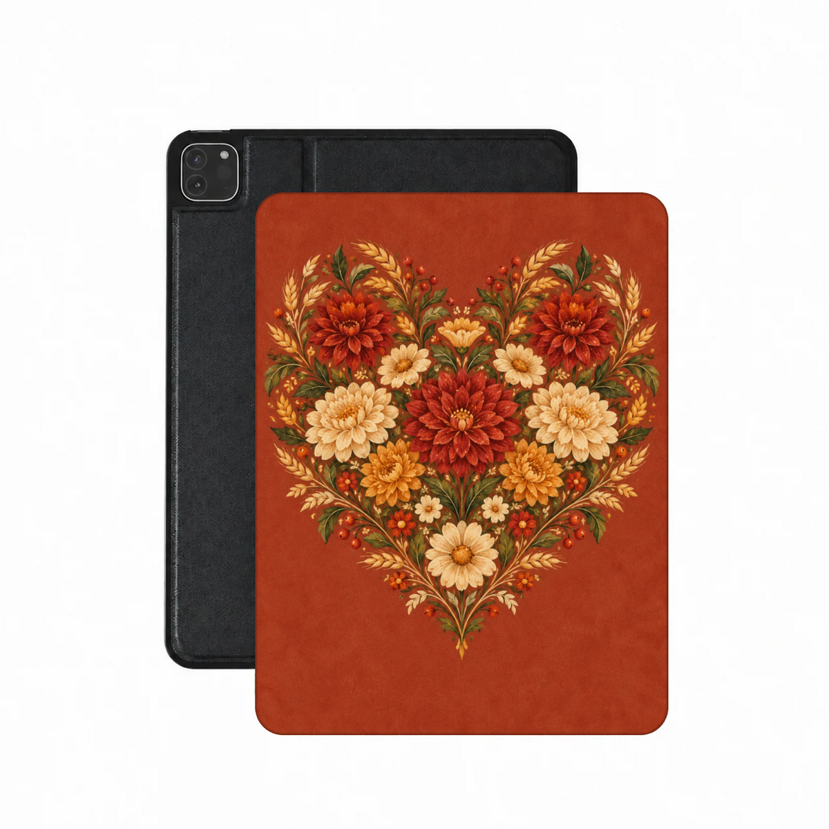 Grateful Hearts iPad case — folk-art heart of dahlias, mums and wheat on terracotta, printed front cover over the plain black back