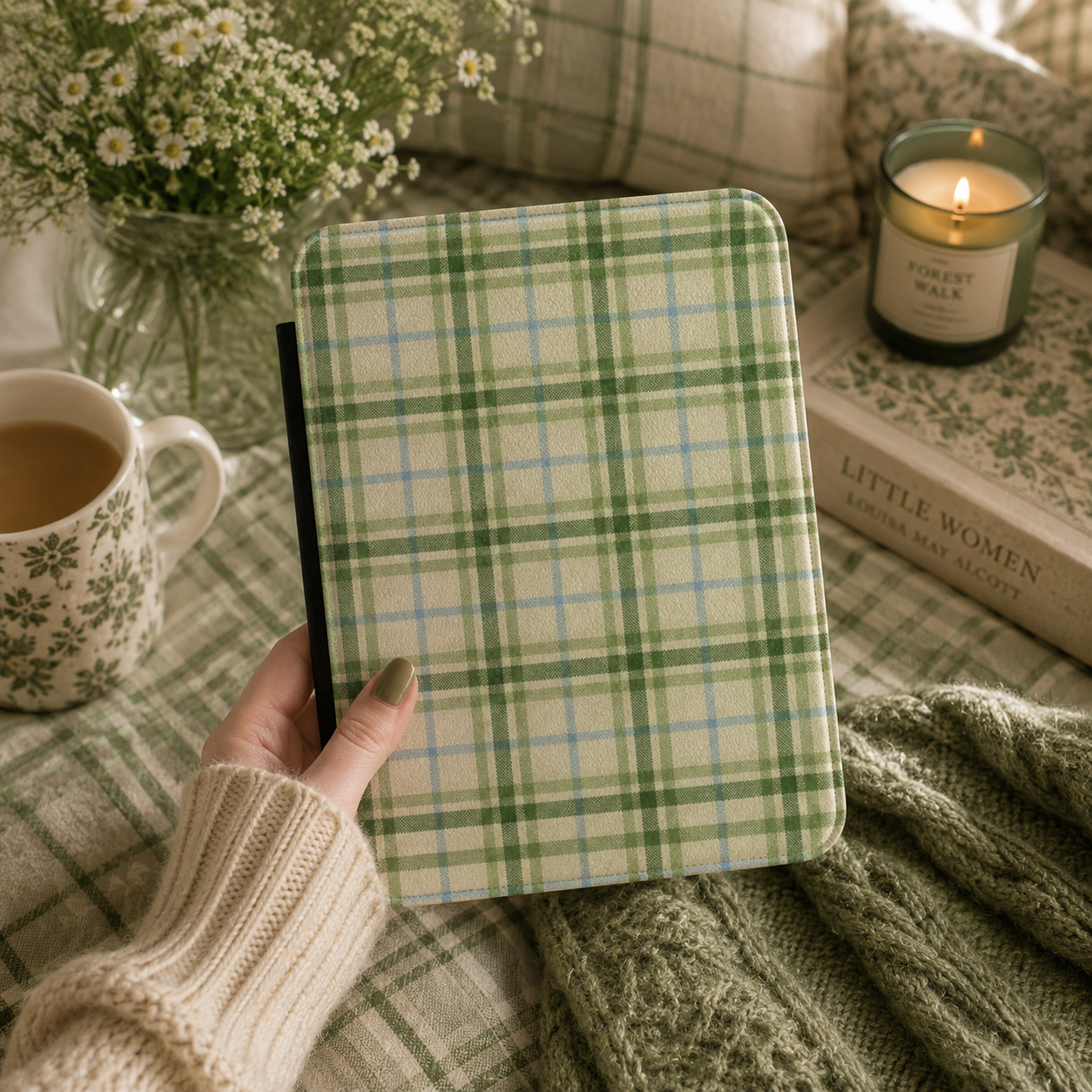 Green Tartan Kindle case shown at an angle