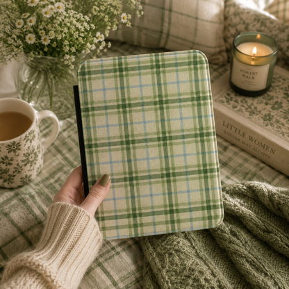 Green Tartan Kindle case shown at an angle