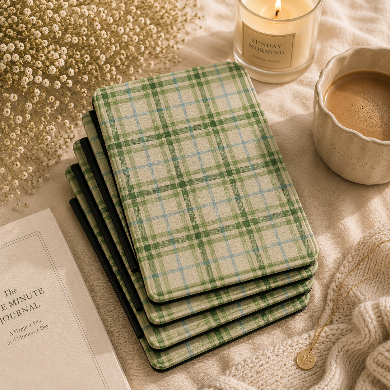 Close-up of Green Tartan Saffiano Kindle case