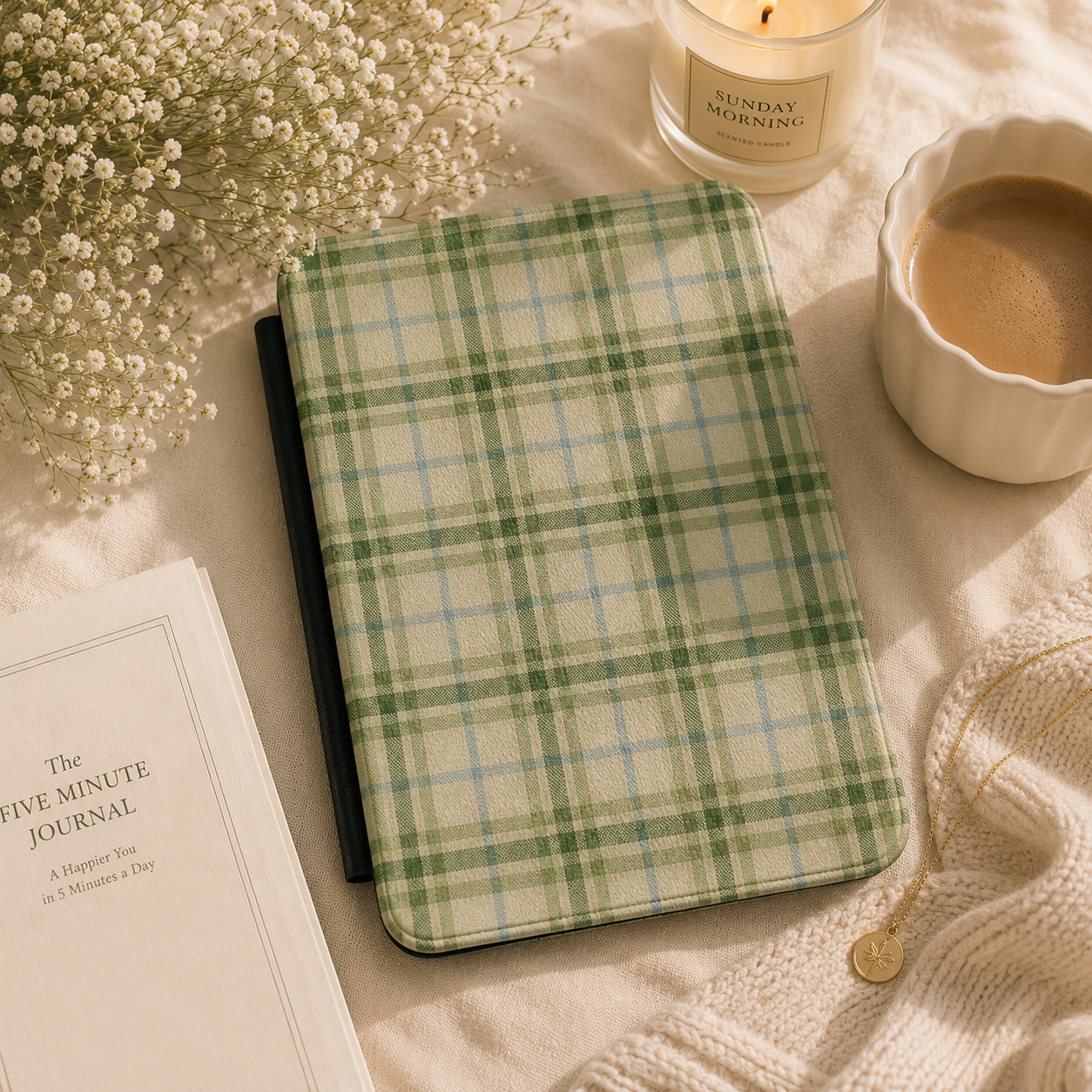 Green Tartan Kindle case front cover — green tartan plaid print