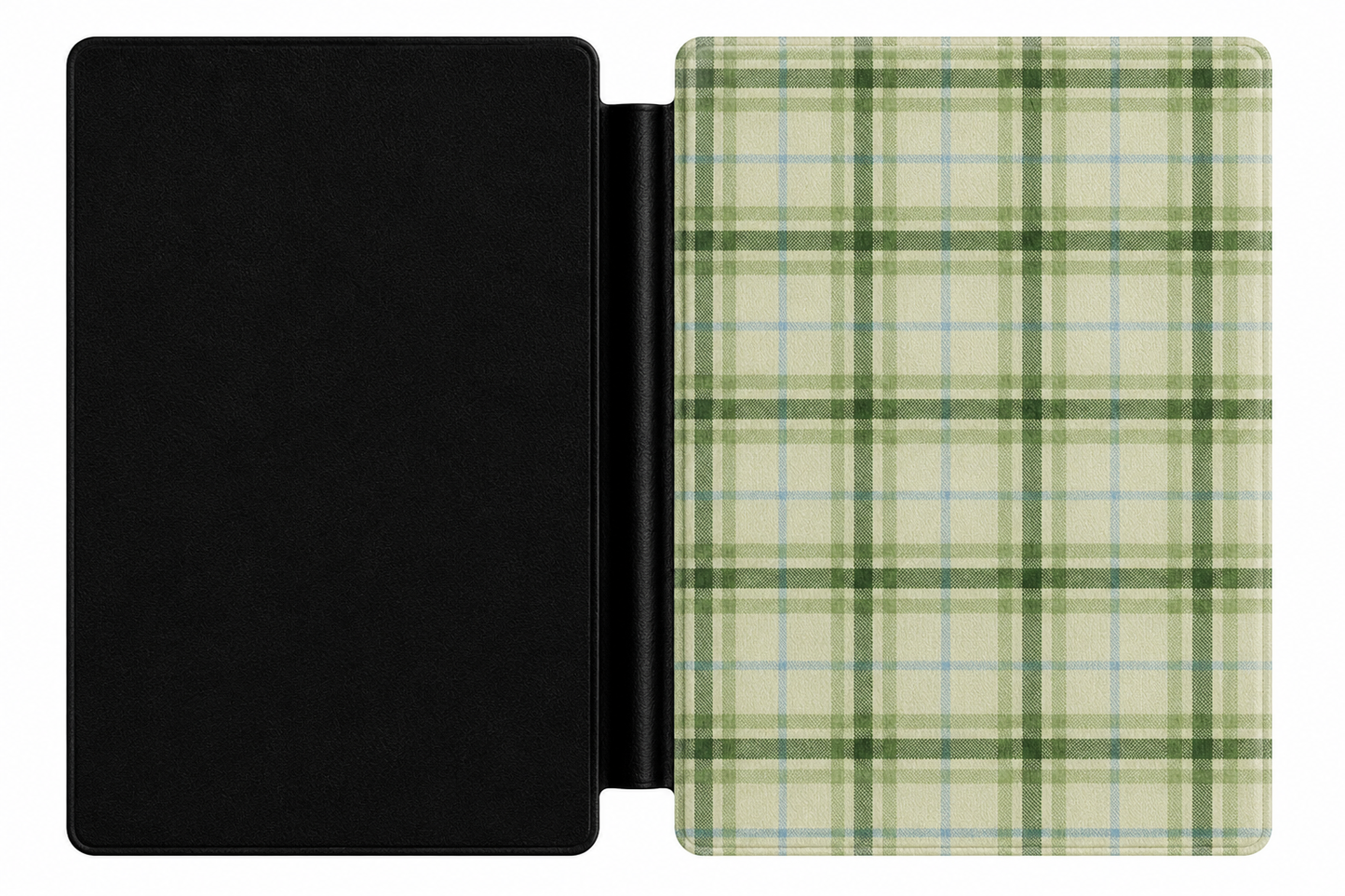 Green Tartan Kindle case open showing e-ink Kindle on right interior panel