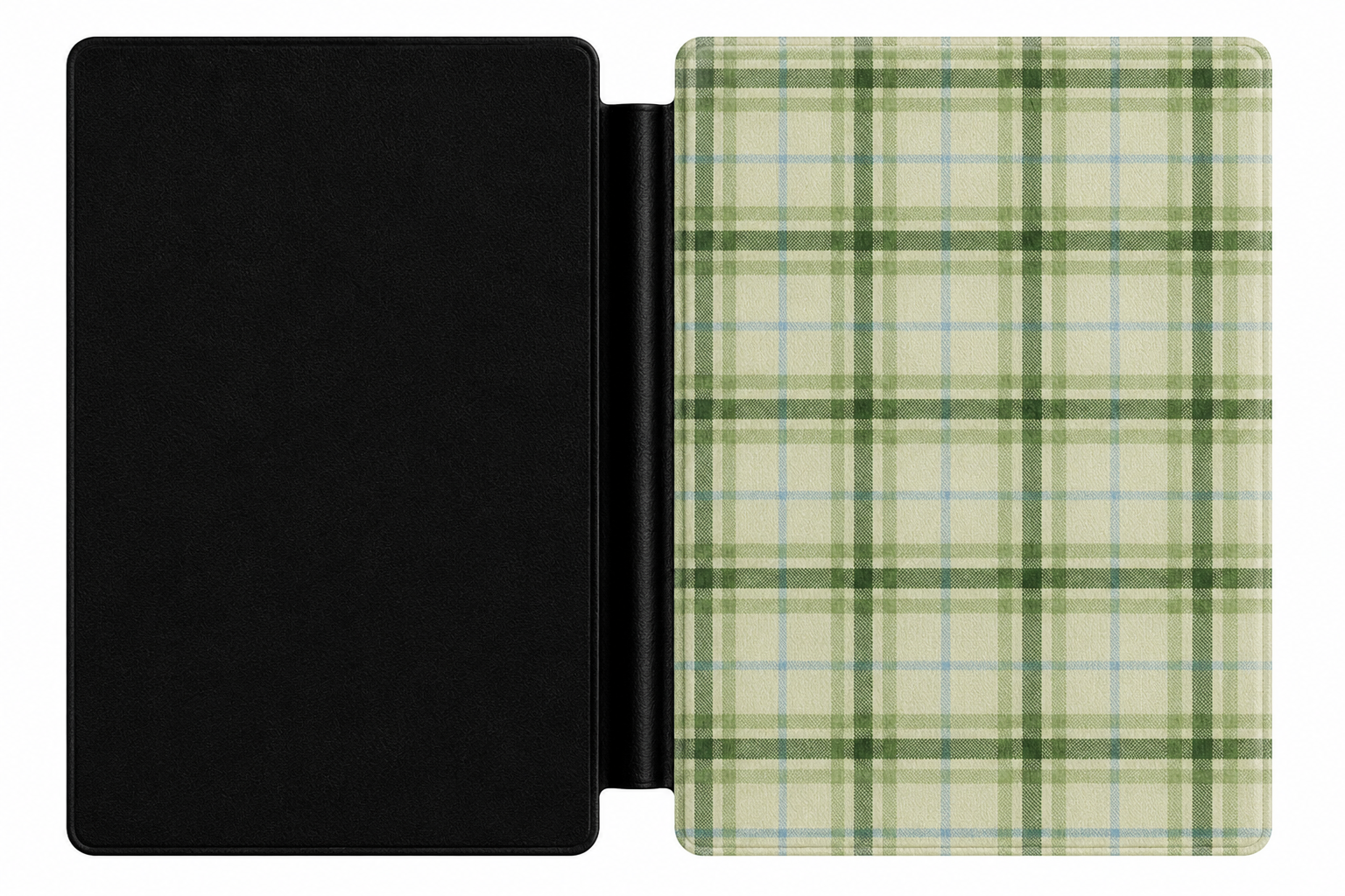 Green Tartan Kindle case open showing e-ink Kindle on right interior panel