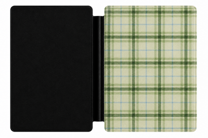 Green Tartan Kindle case open showing e-ink Kindle on right interior panel