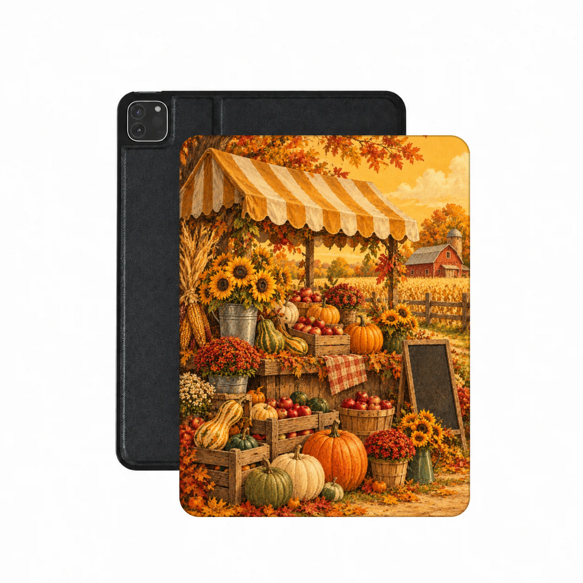 Harvest Market iPad case — vintage farmers market stall with pumpkins and sunflowers, printed front cover over the plain black back