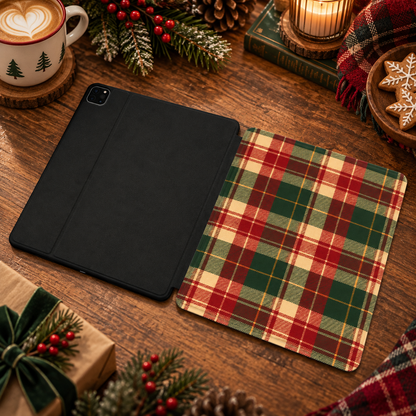 Holiday Tartan iPad case shown front and back — printed front cover, plain black back