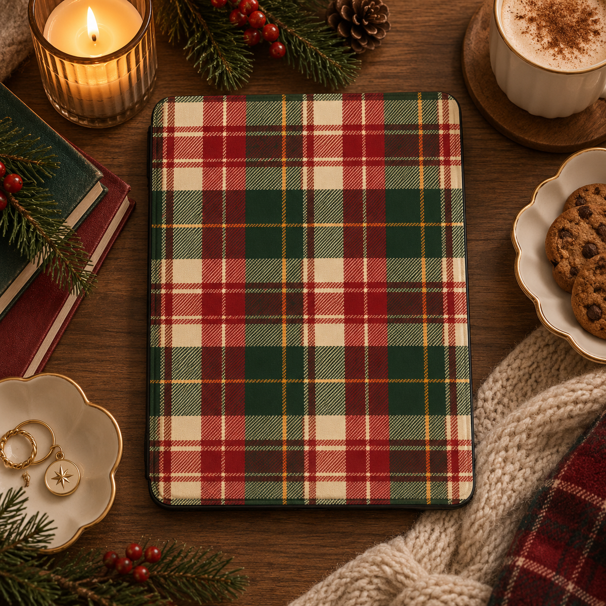 Holiday Tartan iPad case styled with a candle, cookies and a cream knit