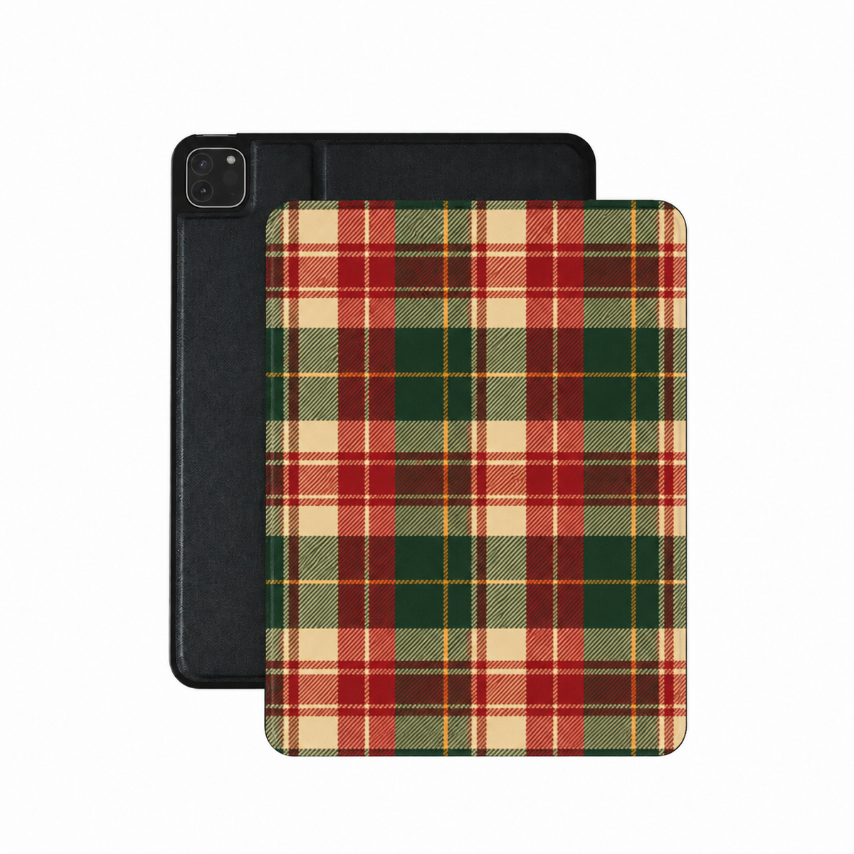 Holiday Tartan iPad case — red, green and cream tartan with gold lines