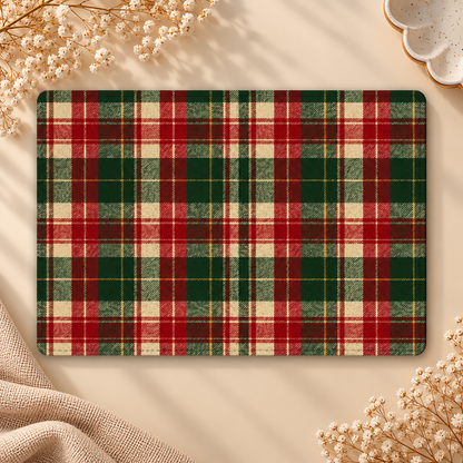 Holiday Tartan Kindle case opened flat, front and back — red, green and cream tartan with fine gold lines