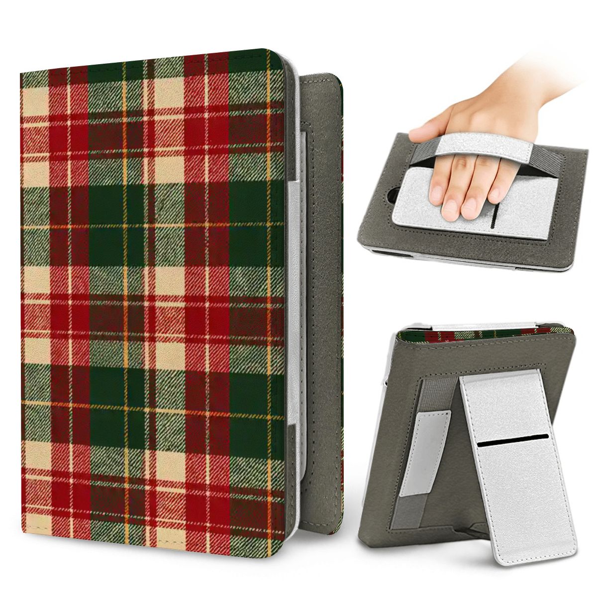 Holiday Tartan Kindle case — elastic hand strap and fold-out stand on the back