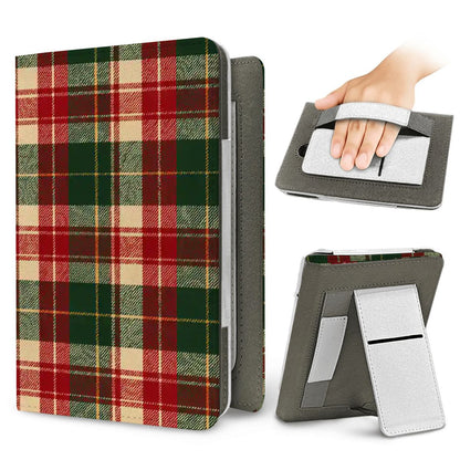 Holiday Tartan Kindle case — elastic hand strap and fold-out stand on the back