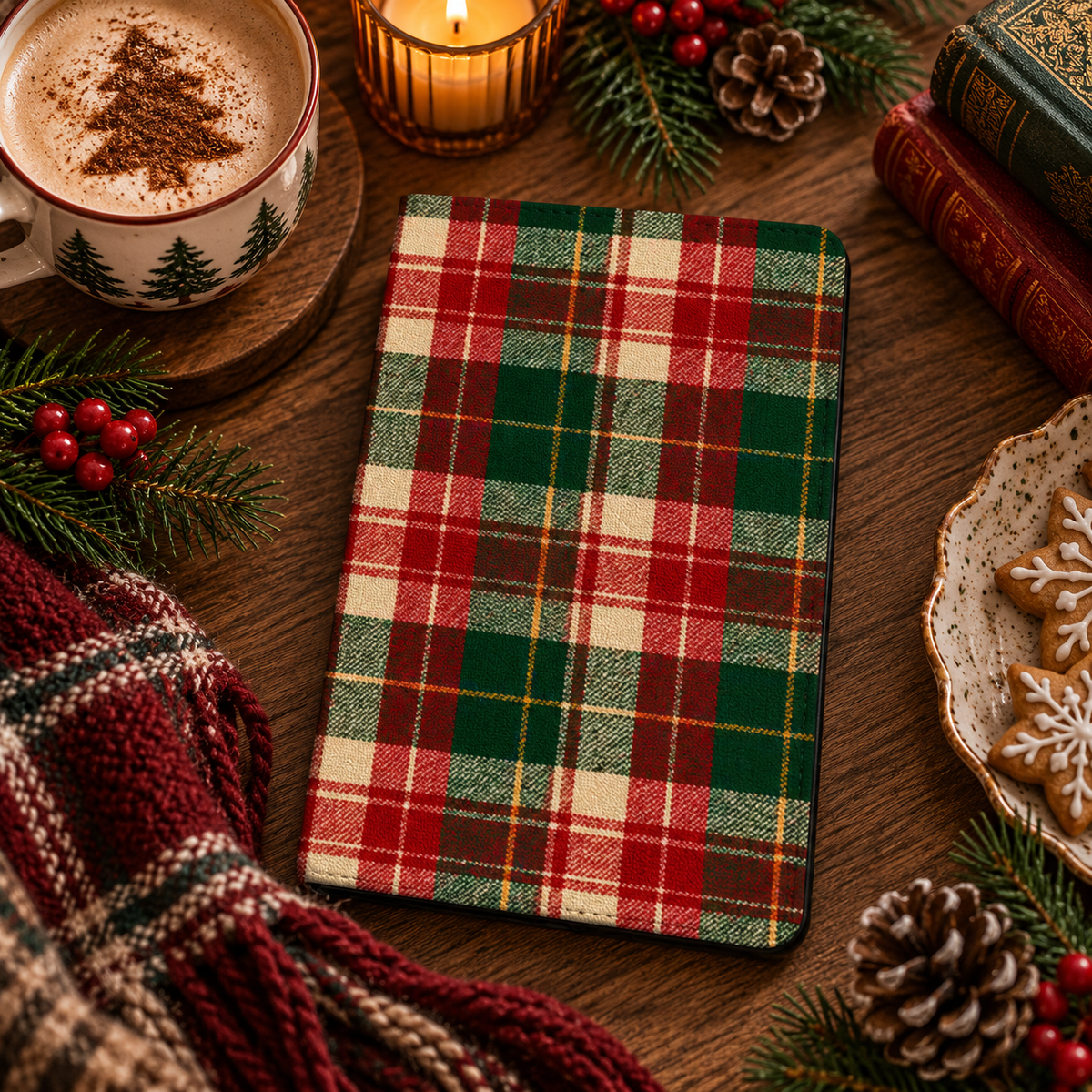 Holiday Tartan Kindle case — red and green tartan, styled with a latte, candle, pine cones and Christmas cookies