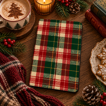 Holiday Tartan Kindle case — red and green tartan, styled with a latte, candle, pine cones and Christmas cookies