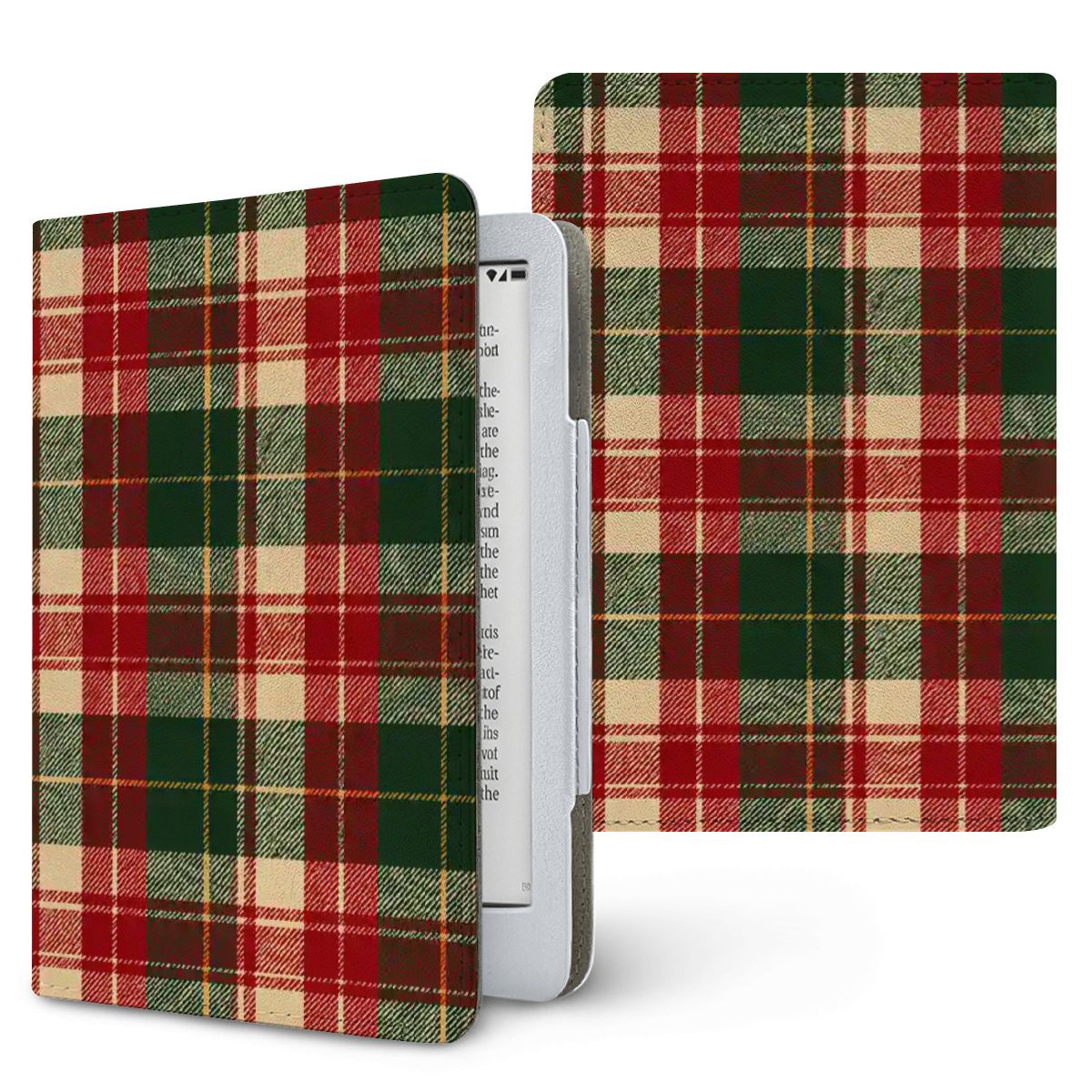 Holiday Tartan Kindle case — red, green and cream tartan plaid, printed front and back