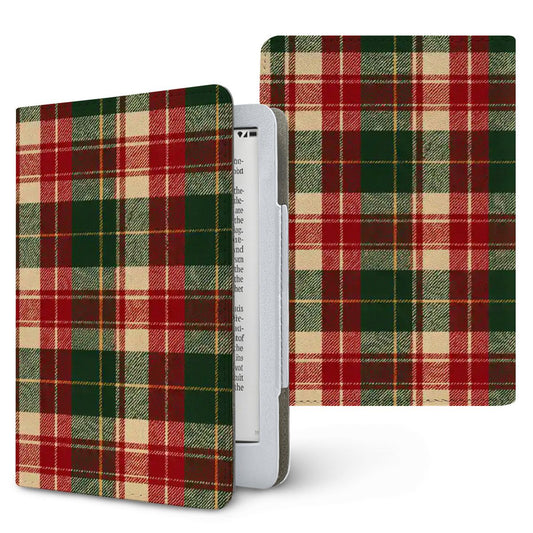 Holiday Tartan Kindle case — red, green and cream tartan plaid, printed front and back