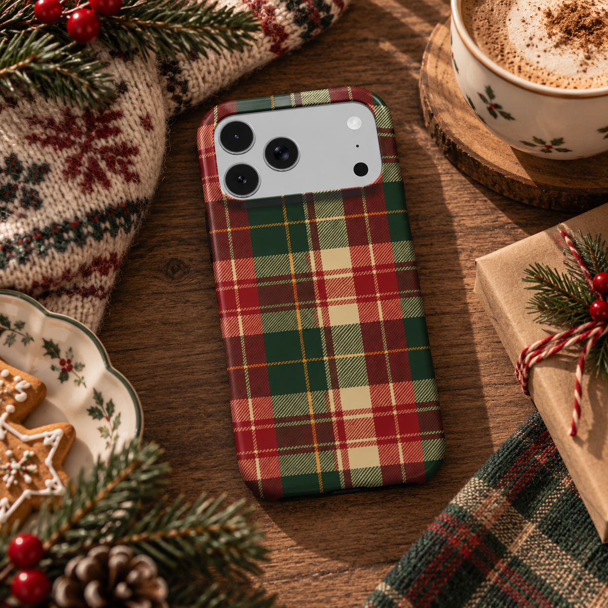 Holiday Tartan phone case – MagSafe iPhone case, lifestyle photo