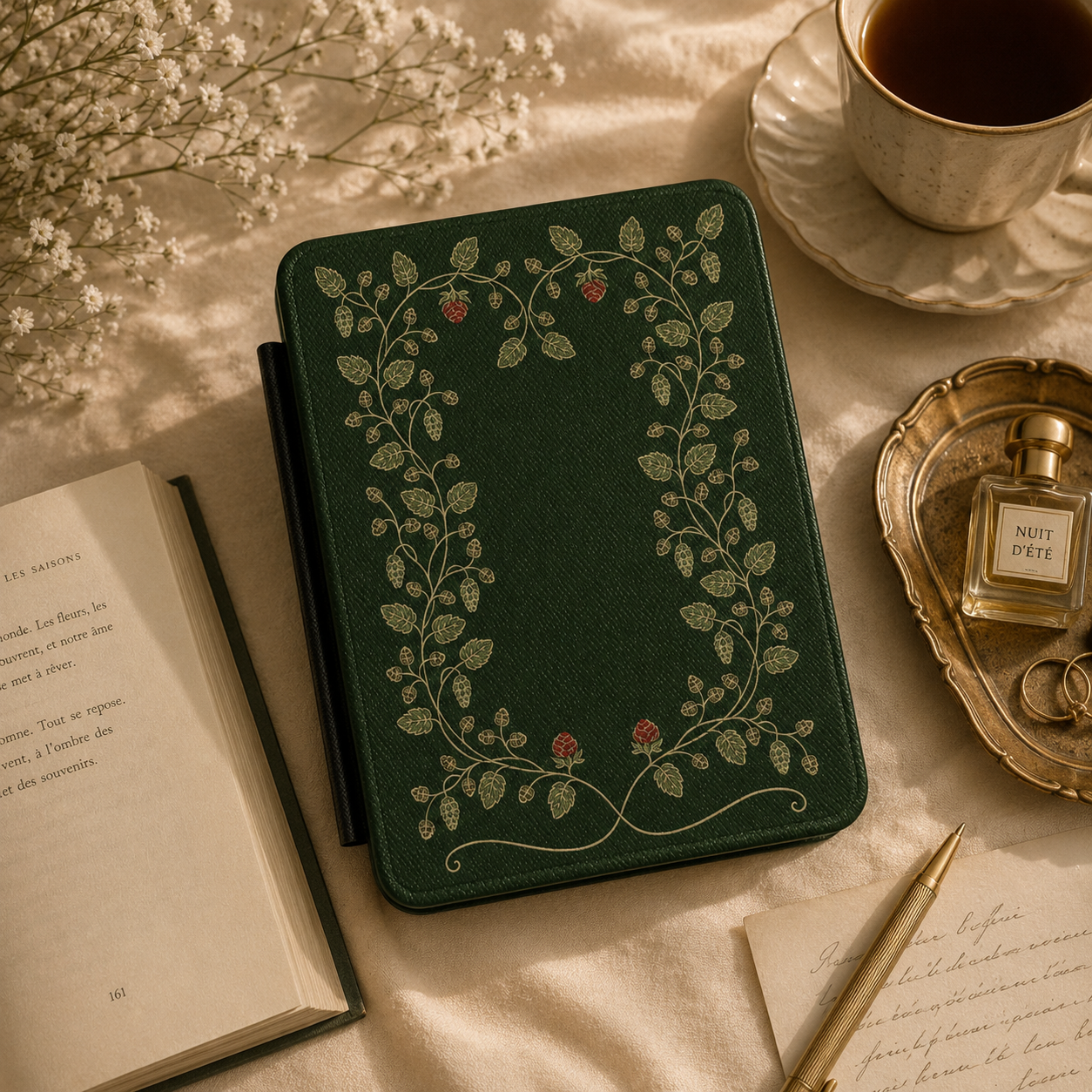 Hop Vine Wreath Kindle case shown at an angle