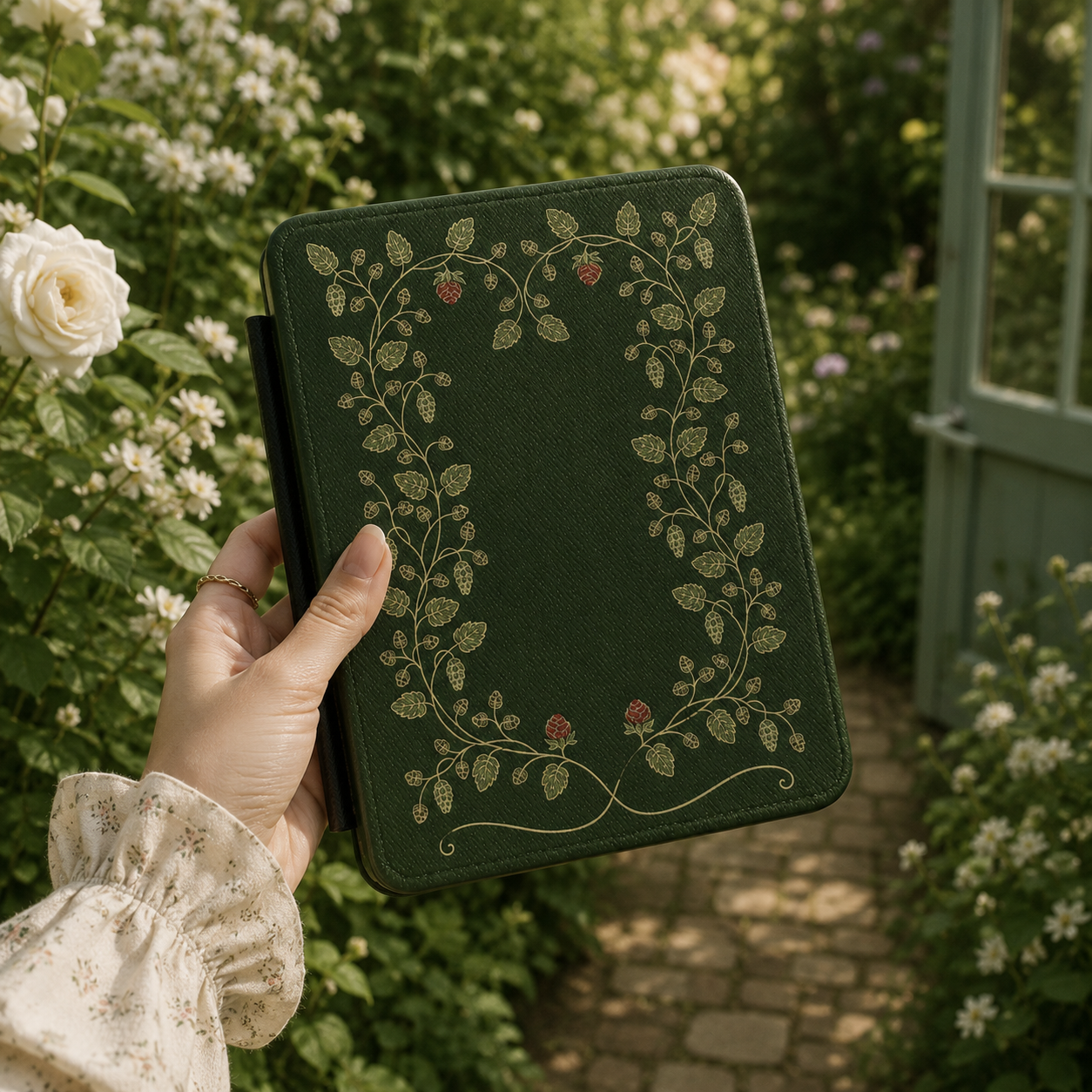 Hop Vine Wreath Kindle case open showing e-ink Kindle on right interior panel