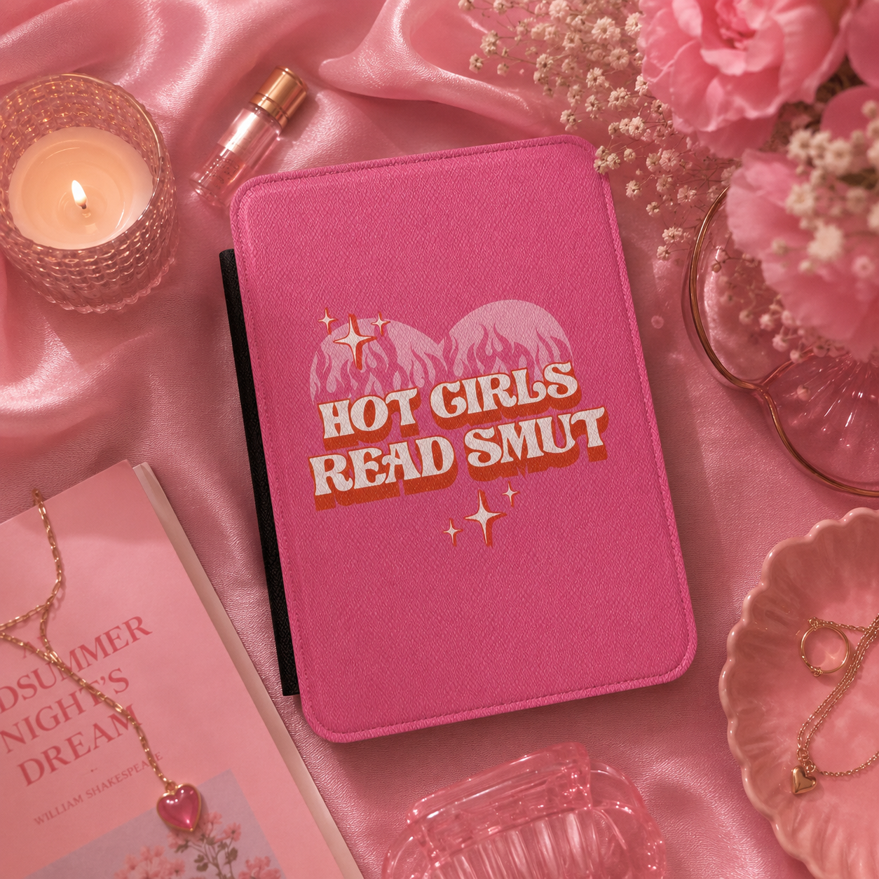 Hot Girls Read Smut Kindle case shown at an angle
