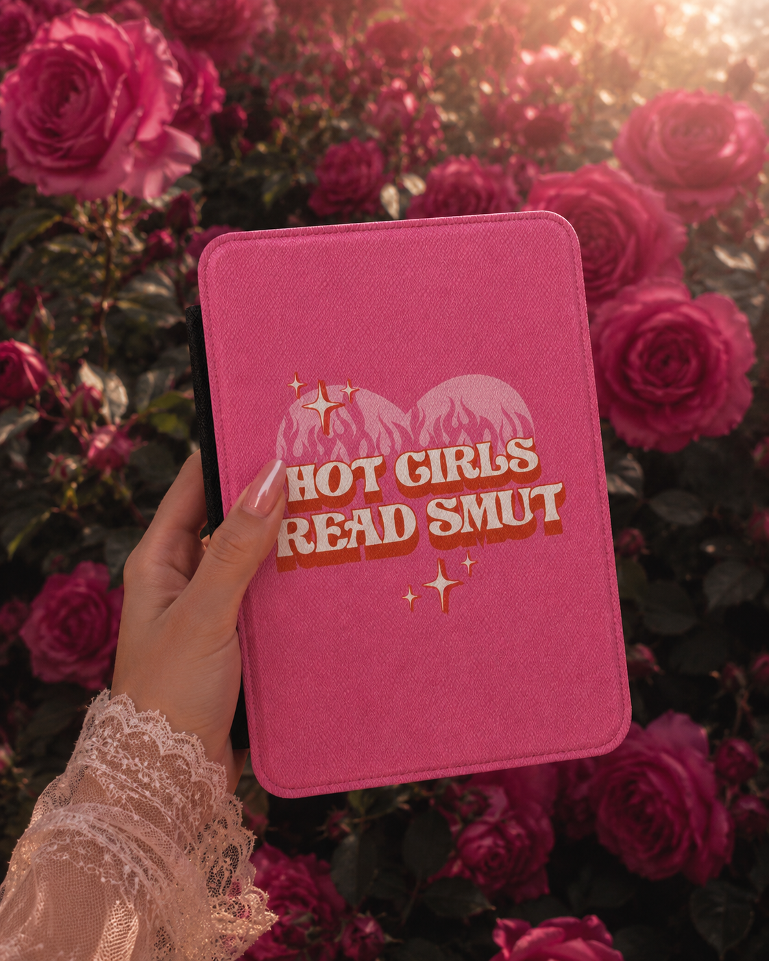 Hot Girls Read Smut Kindle case open showing e-ink Kindle on right interior panel