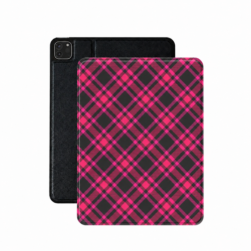 Hot pink tartan iPad case in pink and black vegan Saffiano leather — diagonal plaid print