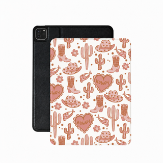 Howdy Western iPad case in cream and pink — cowboy boots, hats and Howdy hearts