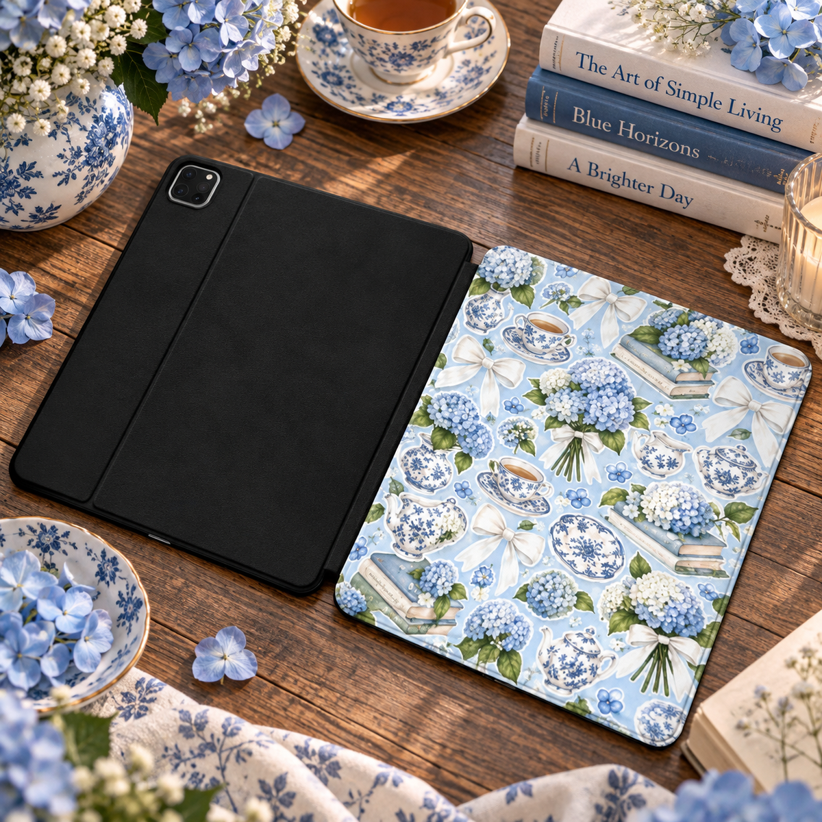 Hydrangea Tea Party iPad case shown front and back — printed front cover, plain black back