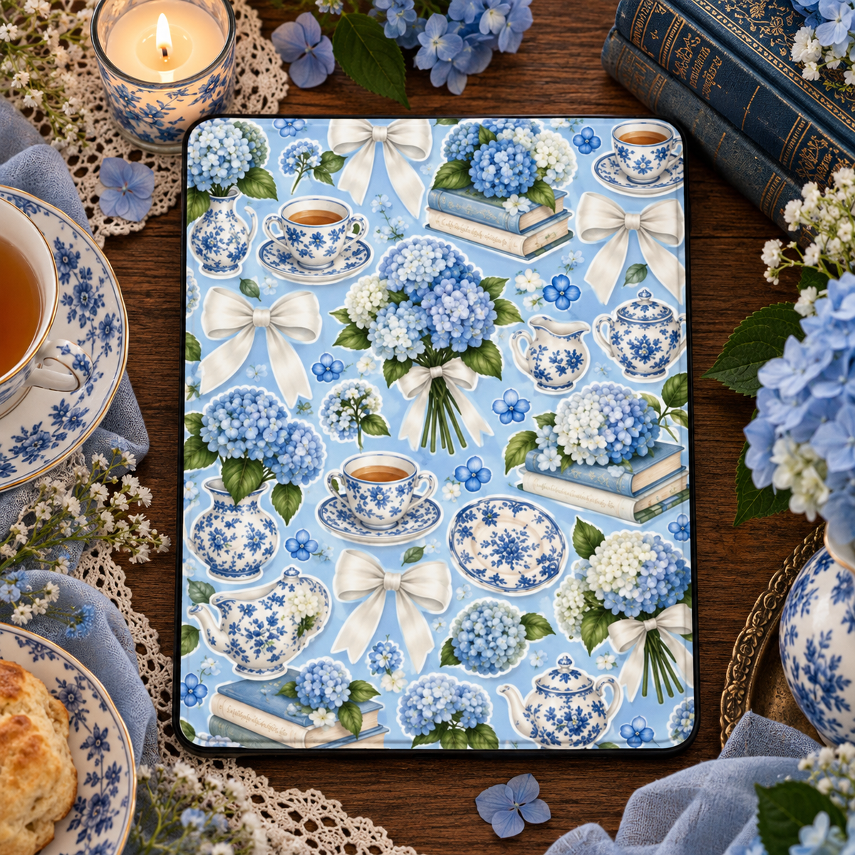Hydrangea Tea Party iPad case styled with blue-and-white china, tea and fresh hydrangeas