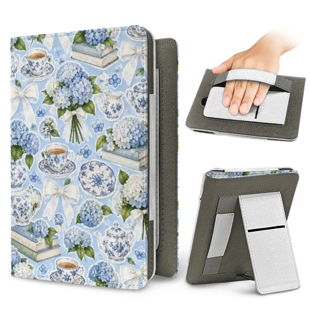 Hydrangea Tea Party Kindle case — elastic hand strap and fold-out stand on the back