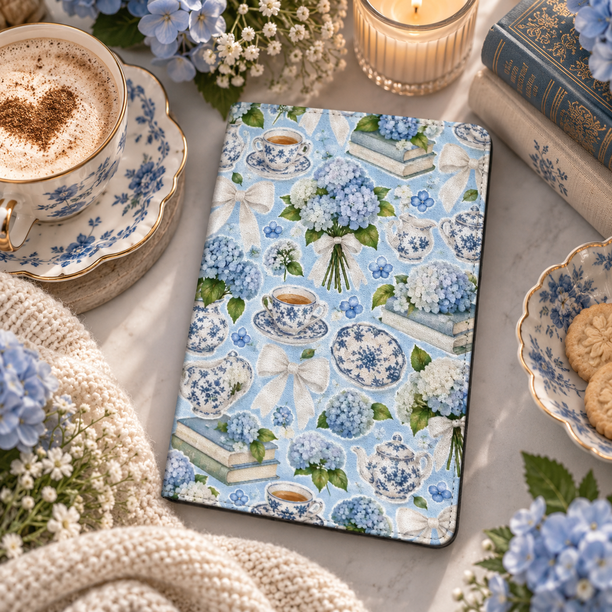 Hydrangea Tea Party Kindle case — blue hydrangeas and china on sky blue, styled with a latte, fresh hydrangeas and a candle
