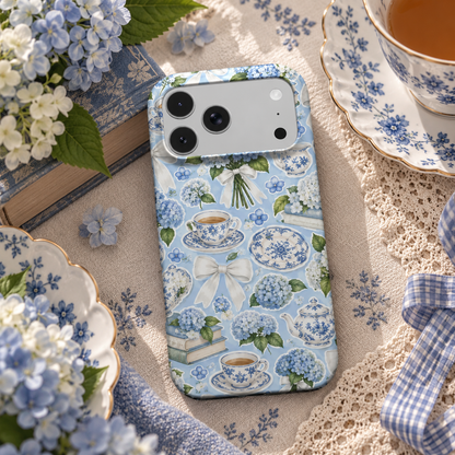 Hydrangea Tea Party phone case – MagSafe iPhone case, lifestyle photo