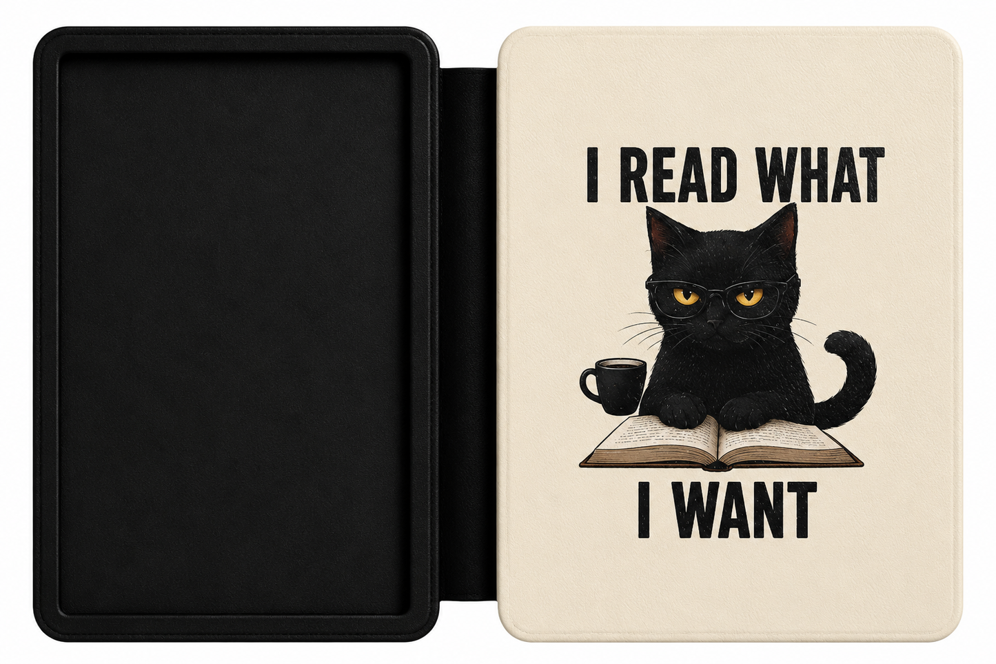 I Read What I Want cream Kindle case shown at an angle