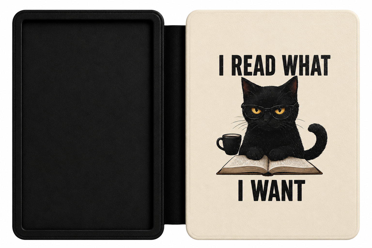 I Read What I Want cream Kindle case shown at an angle