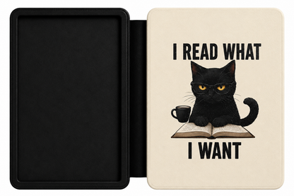 I Read What I Want cream Kindle case shown at an angle