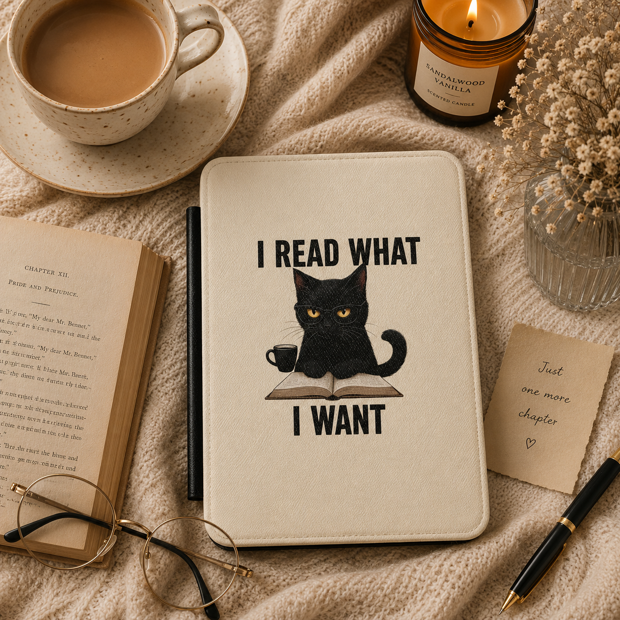 Close-up of cream Saffiano I Read What I Want Kindle case with black cat illustration
