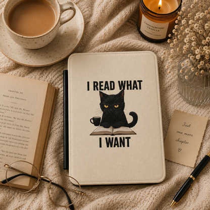 Close-up of cream Saffiano I Read What I Want Kindle case with black cat illustration