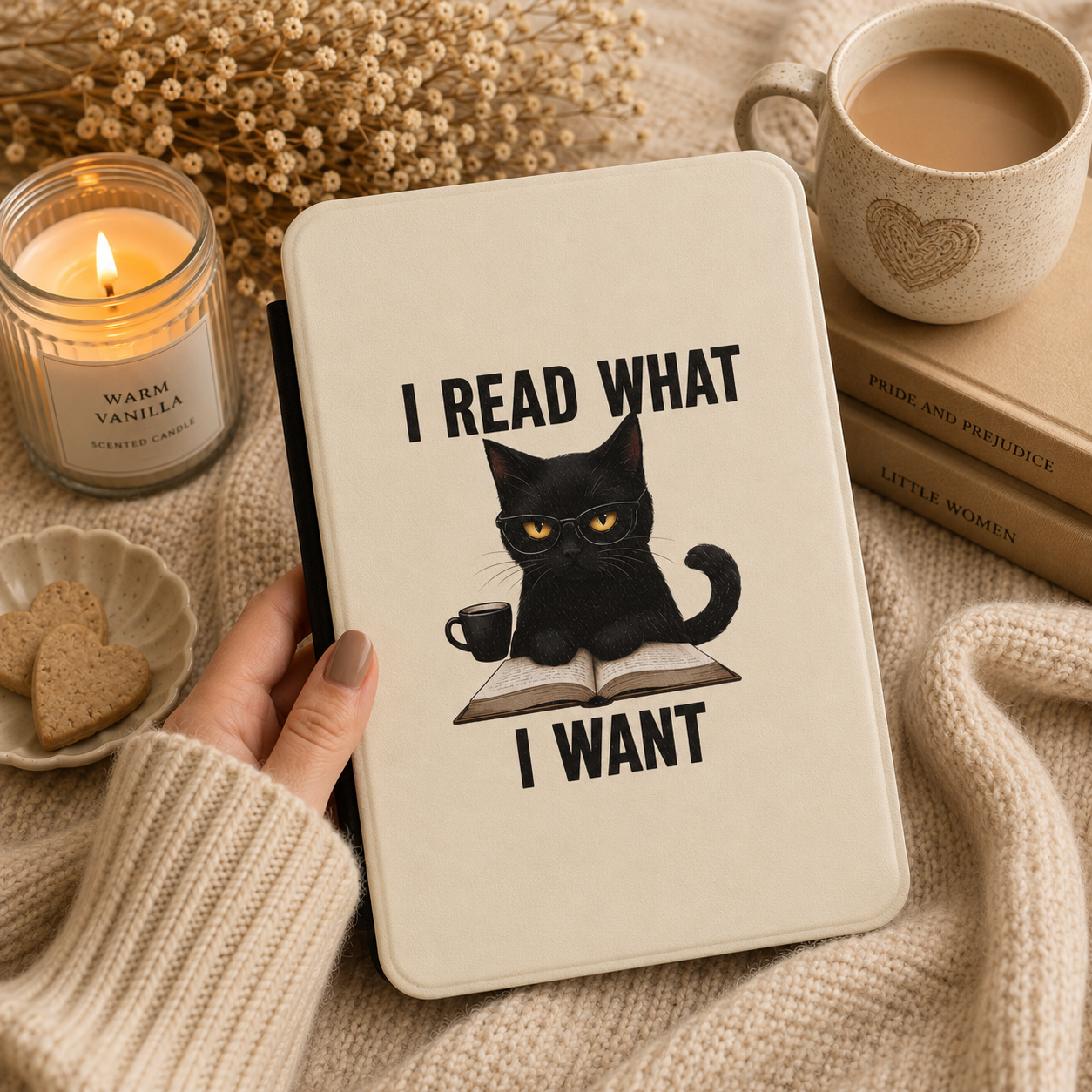 I Read What I Want Kindle case front cover in cream — bespectacled black cat over a book