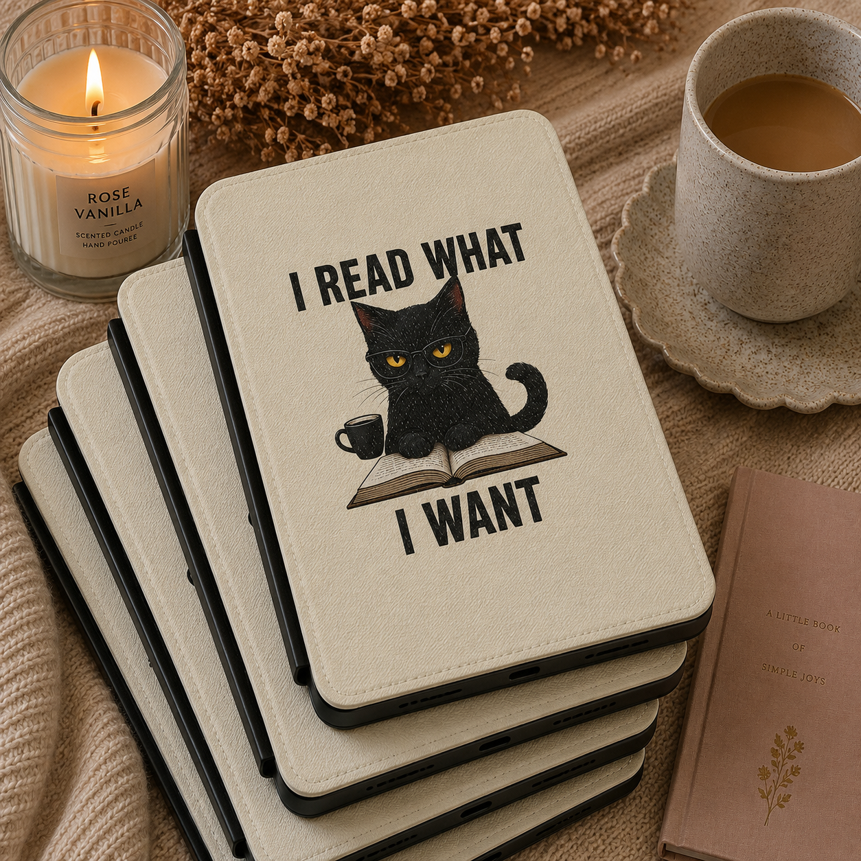 I Read What I Want cream Kindle case open showing e-ink Kindle on right interior panel
