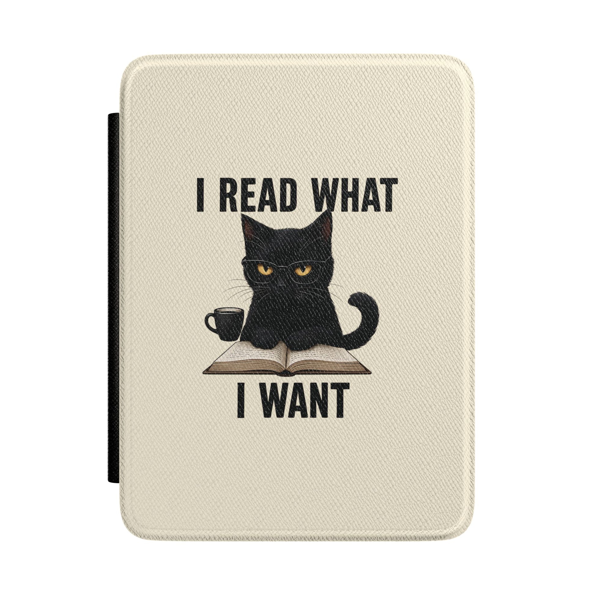 I Read What I Want Kindle case in cream — bespectacled black cat over a book and coffee, Quiet Bookish gift for her
