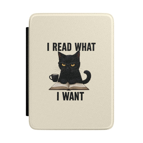 I Read What I Want Kindle case in cream — bespectacled black cat over a book and coffee, Quiet Bookish gift for her