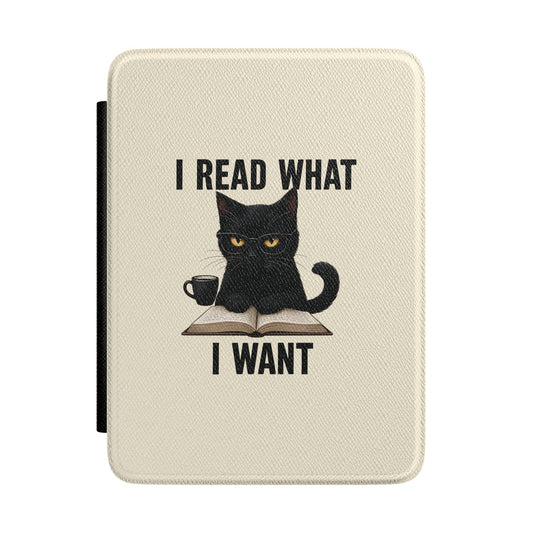 I Read What I Want Kindle case in cream — bespectacled black cat over a book and coffee, Quiet Bookish gift for her