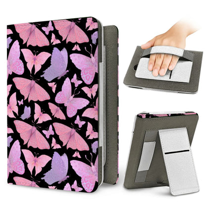 Pink Butterfly Flutter Kindle case — elastic hand strap and fold-out stand on the back