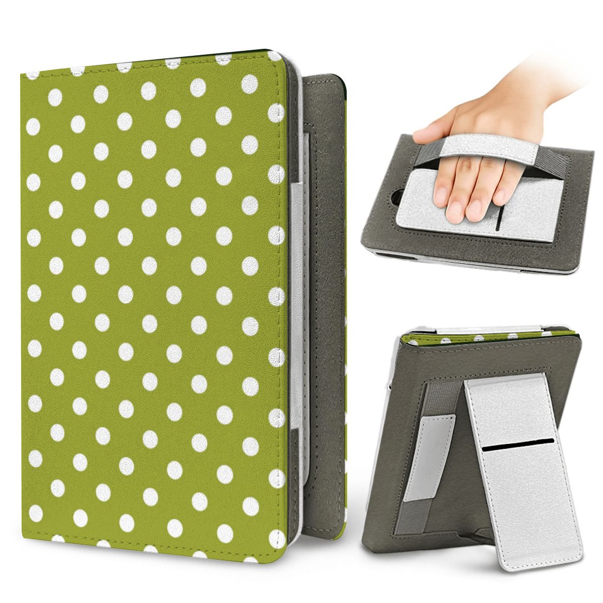 Chartreuse Polka Dot Kindle case — elastic hand strap and fold-out stand on the back