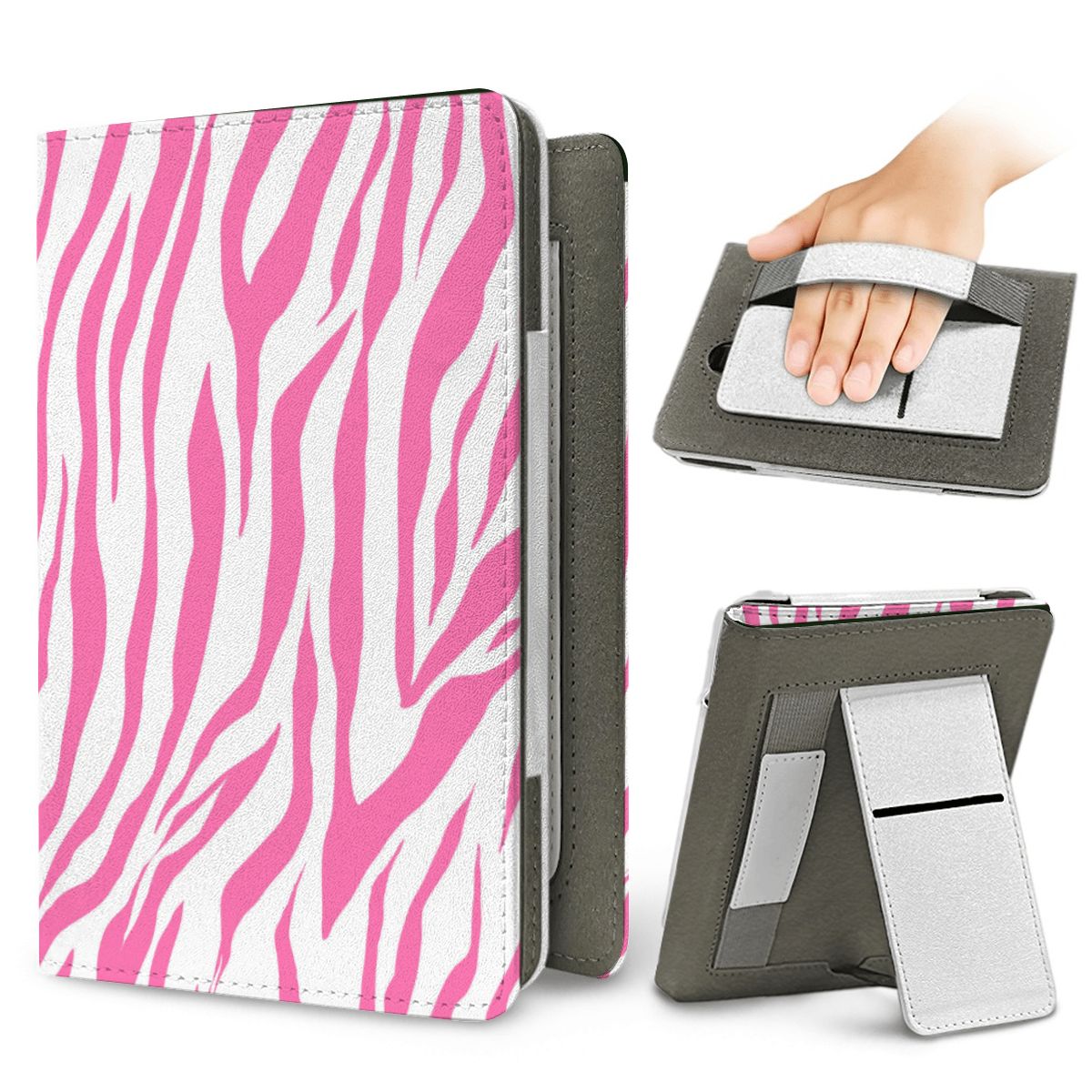 Pink Zebra Kindle case — elastic hand strap and fold-out stand on the back