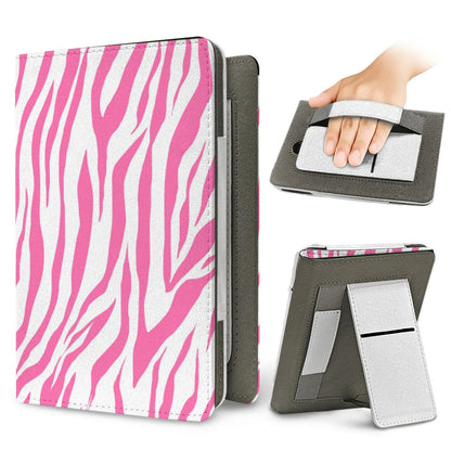 Pink Zebra Kindle case — elastic hand strap and fold-out stand on the back