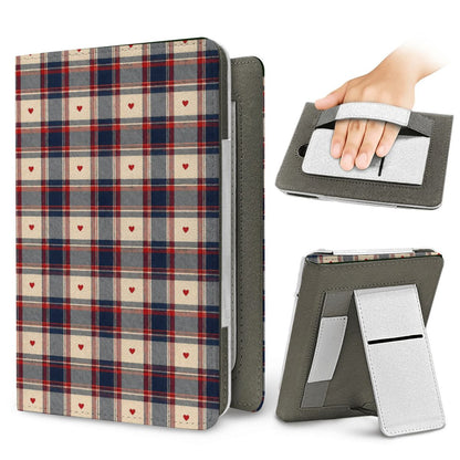 Heart Plaid Kindle case — elastic hand strap and fold-out stand on the back