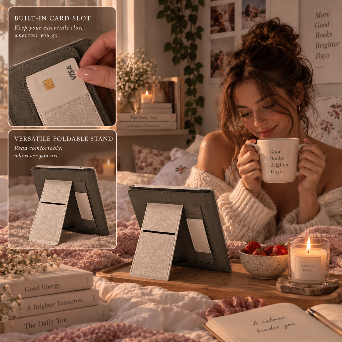 Kindle case with built-in card slot and foldable stand
