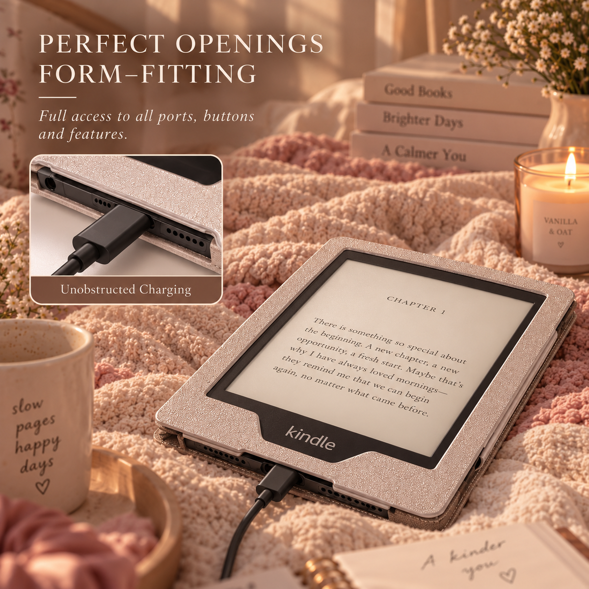 Kindle case with form-fitting openings for unobstructed charging