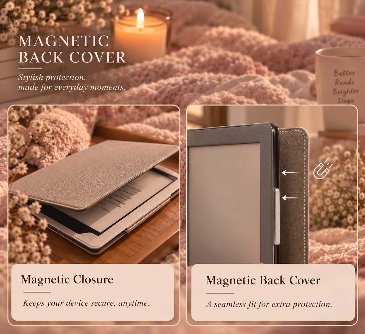 Kindle case with magnetic closure and magnetic back cover
